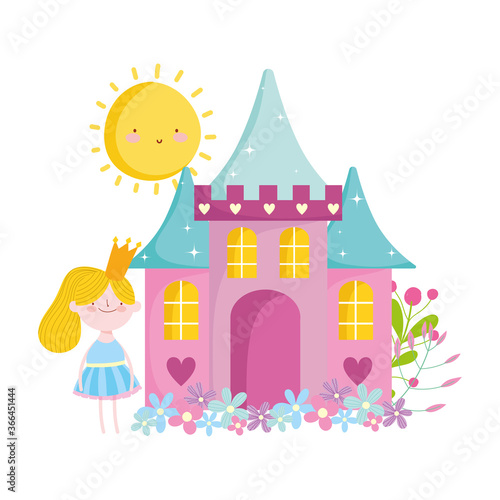 little fairy princess with castle crown flowers rainbow tale cartoon