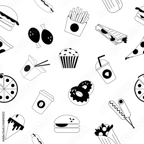 Fast food pattern. A pattern of many fast food icons in a flat linear style. Black and white pattern for packaging, wrappers.