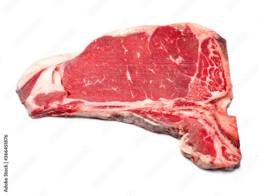 Fototapeta premium Raw fresh beef T-bone steak isolated on white background,close-up view of marble t-bone steak isolated on white background
