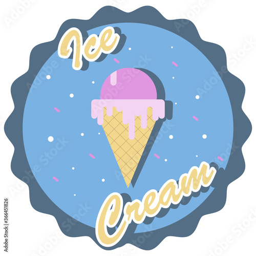 Ice cream emblem. Logo label icon poster. Pink ice cream on a blue background with text and absrtact elements.
