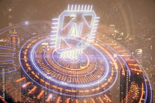 Wallpaper Mural Data theme hologram drawing on city view with skyscrapers background double exposure. Ai concept. Torontodigital.ca