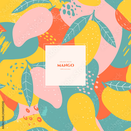 Vector frame with doodle mango and abstract elements. Hand drawn illustrations.
