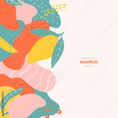 Vector frame with doodle mango and abstract elements. Hand drawn illustrations.