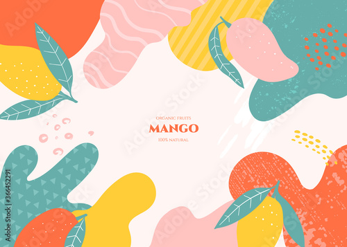 Vector frame with doodle mango and abstract elements. Hand drawn illustrations.