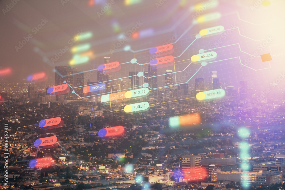 Obraz premium Data theme hologram drawing on city view with skyscrapers background double exposure. Ai concept.