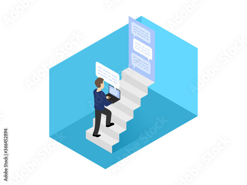 Man with laptop on stairs writes a message and screen with dialog boxes - Vector Isometric concept