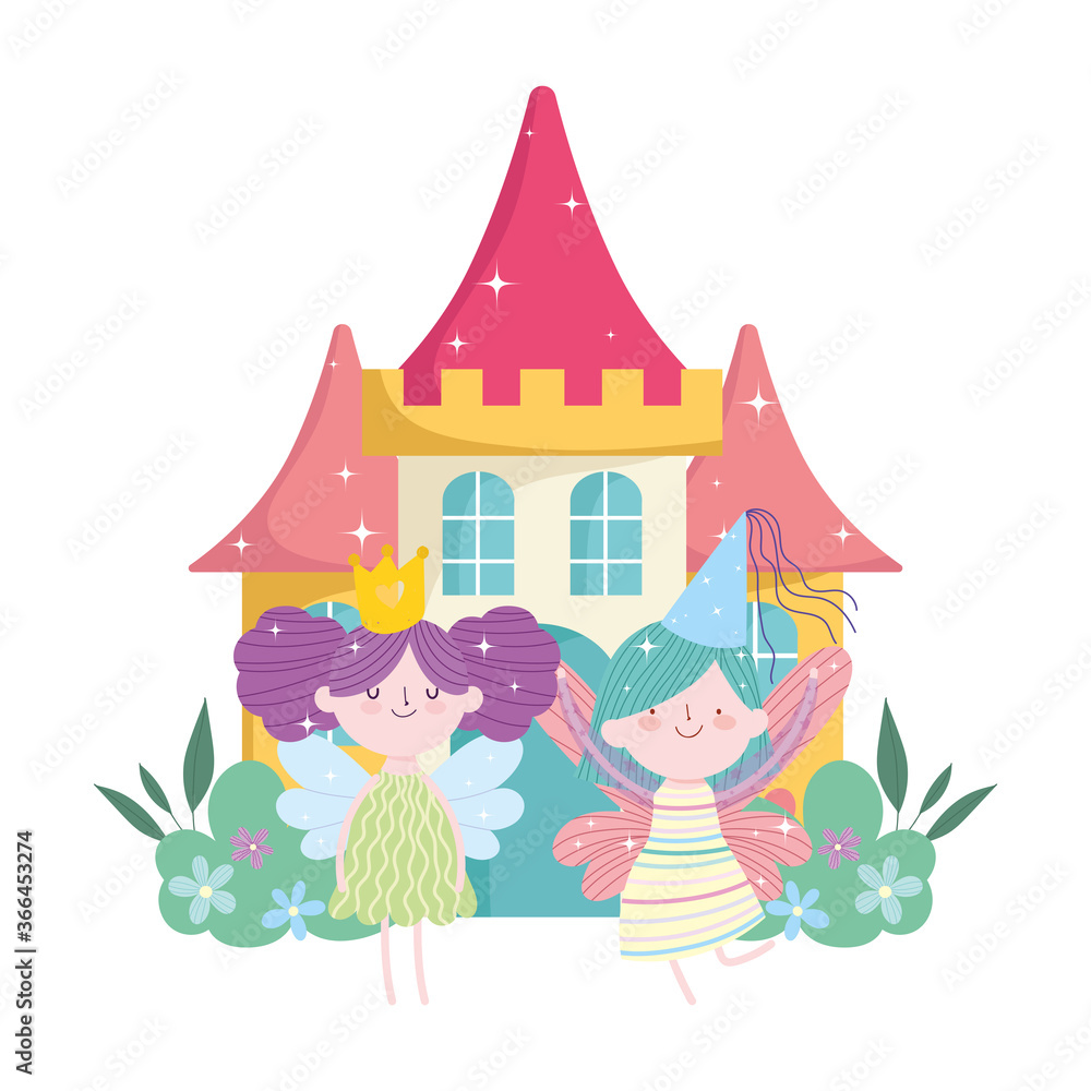 little fairies princess with wings crown castle tale cartoon