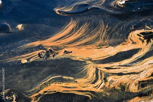 Die Natur als Künstler  und wie eine Graphik  - Eisenhaltiger, orangefarbener  Schlick in schwarzem Lavasand - Island, Südküste