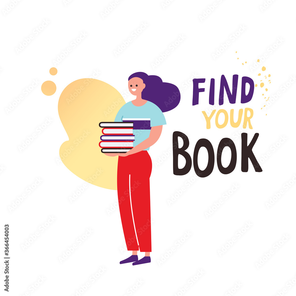 Young girl holding pile of books. Woman hold pile of books, flat vector illustration. Young girl holding pile of books. Woman hold pile of books, flat vector illustration.
