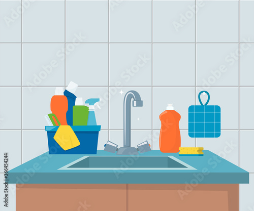 Kitchen sink. Clean sink with kitchenware, modern furniture and utensils. Washing dishes kitchen sink, vector illustration.