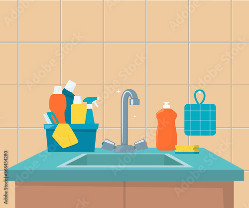 Kitchen sink. Clean sink with kitchenware, modern furniture and utensils. Washing dishes kitchen sink, vector illustration.