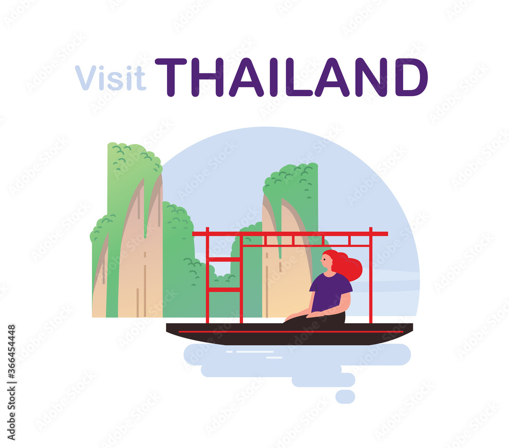 Obraz premium Phuket Thailand summer vacation trips. Traveller girl rides a boat surrounded by dy landmarks. Woman sitting in a boat in Thailand. James Bond Island in Phang Nga Bay.