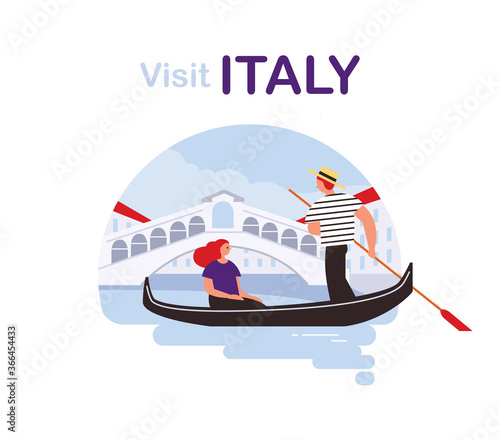 Traveller girl rides in a boat in Venice. Gondolier rides woman in gondola. Traveling in Venice.