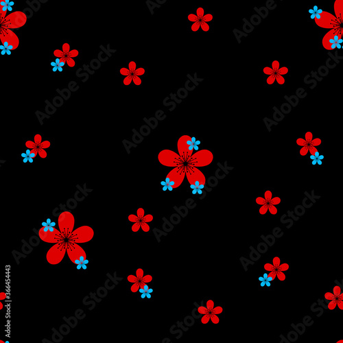 Seamless black background with red and blue flowers