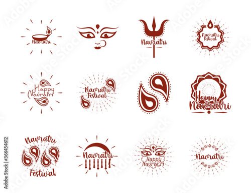 happy navratri indian celebration, goddess durga culture traditonal icons set flat style