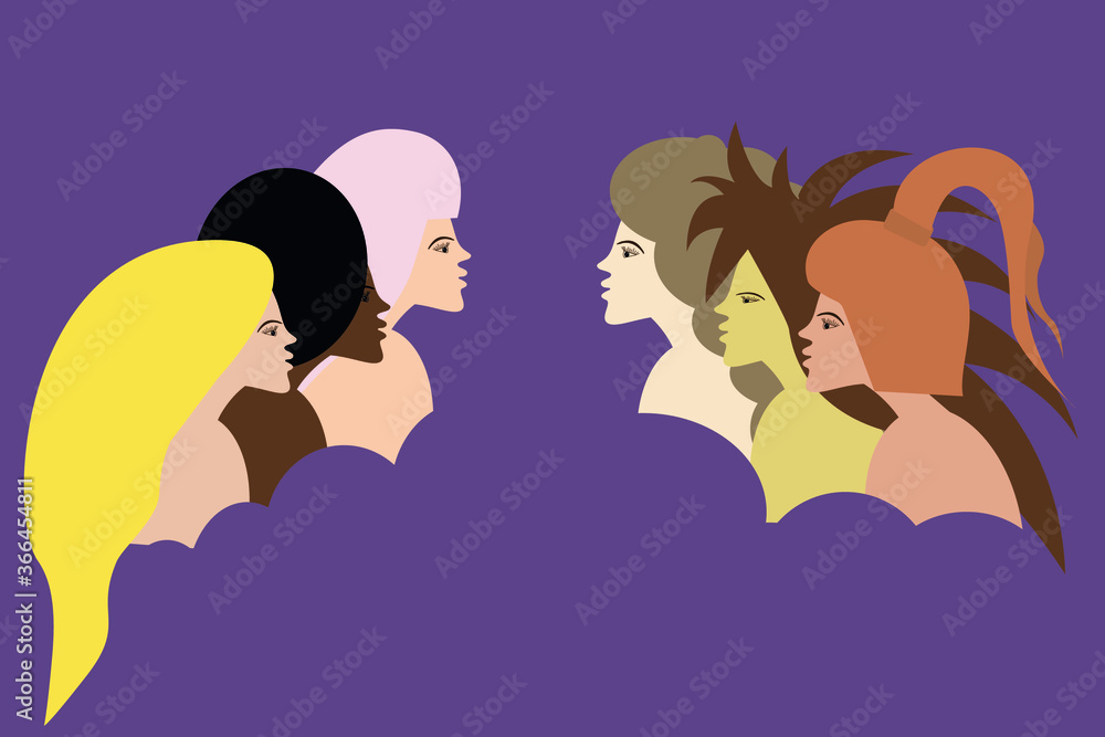 Illustrated multi-ethnic beauty of different hairstyles. Women of different nationalities and cultures. Independence, equality. Illustrated multi-ethnic beauty of different hairstyles. Women of different nationalities and cultures. Independence, equality.
