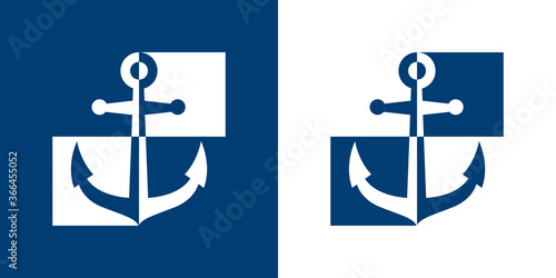 Logotipo estilo nautical. Icono plano ancla dividida en bloques cuadrados en color azul marino y blanco