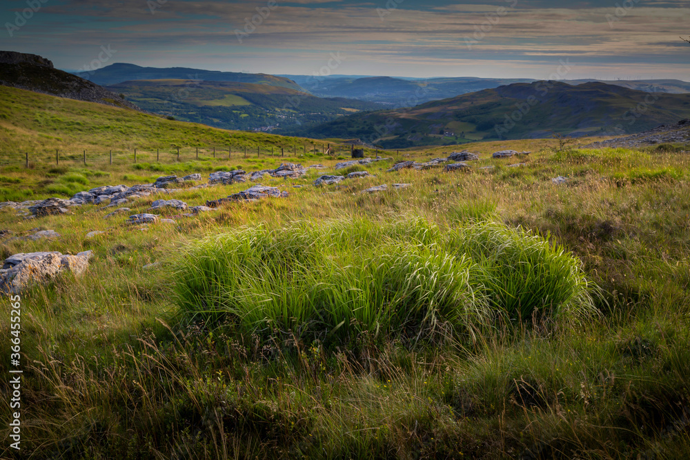 Looking West from the Ogof Ffynnon Du Nature Reserve on Penwyllt (Wild headland) towards the Black Mountain in Carmarthenshire, South Wales UK
