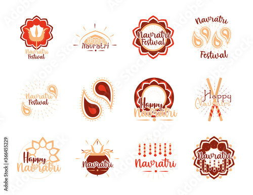 happy navratri indian celebration, goddess durga culture traditonal icons set flat style photo