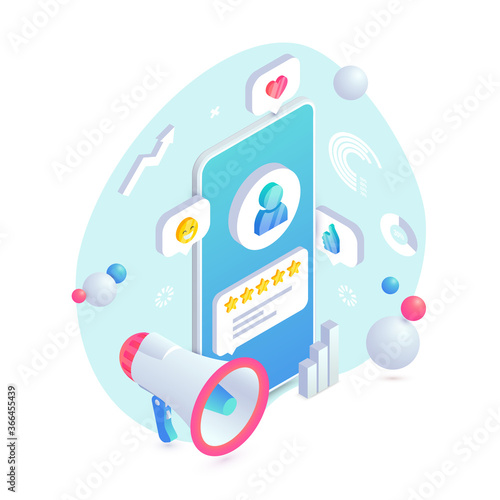 Customer service rate feedback trendy isometric 3d concept. User icon and product positive review on smartphone screen, loudspeacker and graphs. Social Media Digital marketing vector illustration