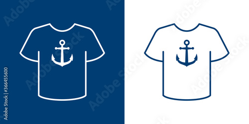 Logotipo estilo nautical. Icono plano ancla en camiseta lineal en fondo azul marino y fondo blanco