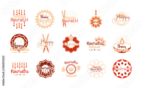 happy navratri indian celebration, goddess durga culture traditonal icons set flat style
