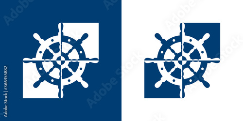 Logotipo estilo nautical. Icono plano timón dividido en bloques cuadrados en color azul marino y blanco