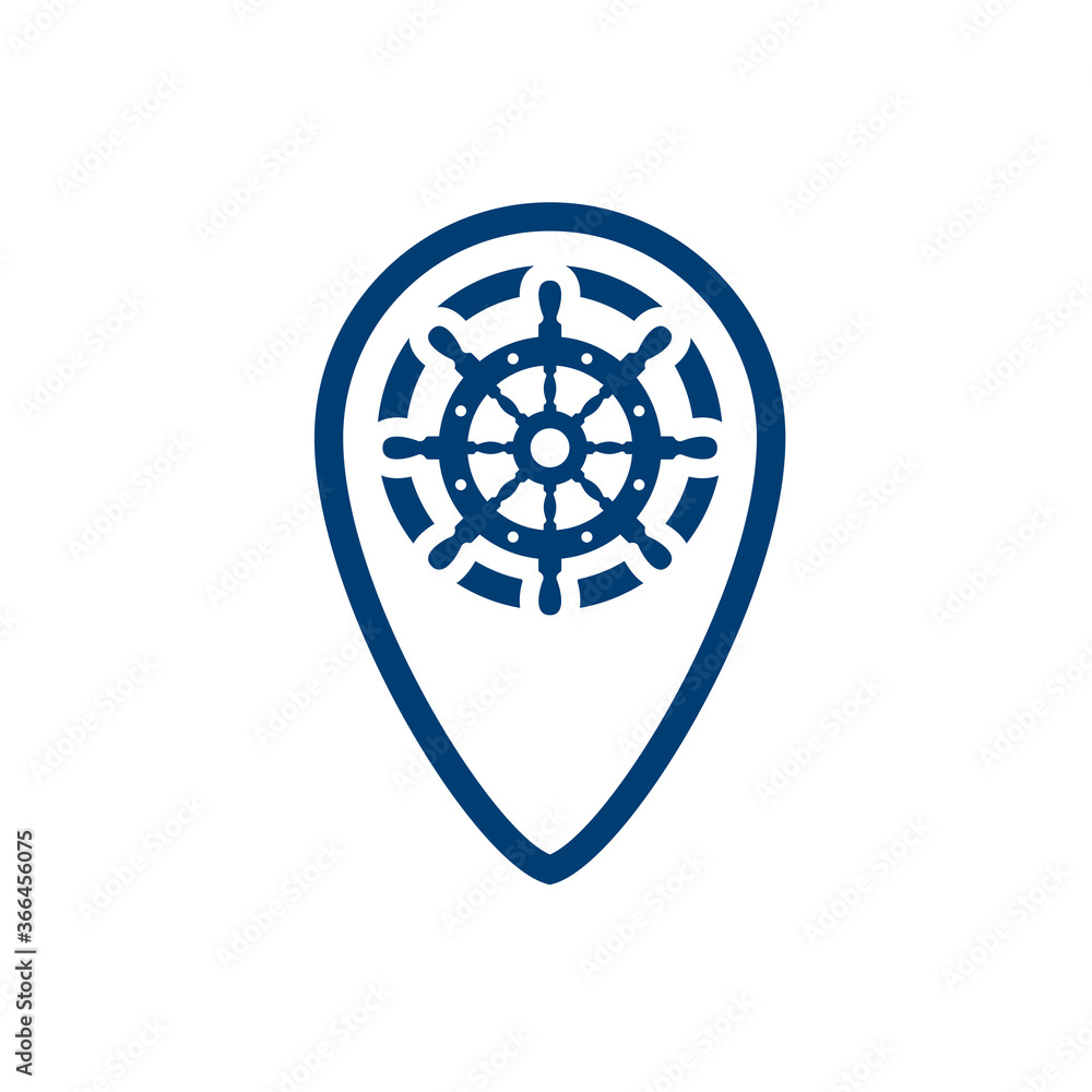 Logotipo estilo nautical. Icono plano timón en puntero lineal en color azul marino Logotipo estilo nautical. Icono plano timón en puntero lineal en color azul marino