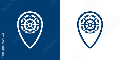 Logotipo estilo nautical. Icono plano timón en puntero lineal en fondo azul marino y fondo blanco