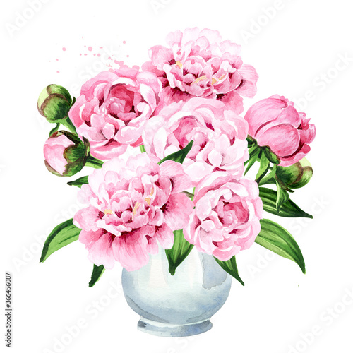 Pink peony Flowers bouquet in a vase. Hand drawn watercolor illustration isolated on white background