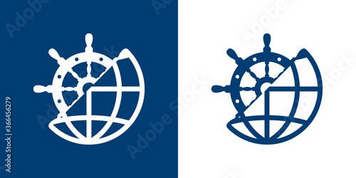 Logotipo estilo nautical. Icono plano timón dividido con globo terráqueo en color azul marino y blanco