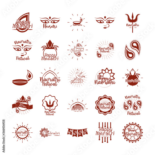 happy navratri indian celebration, goddess durga culture traditonal icons set flat style