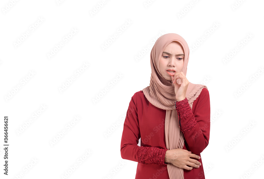 Muslim woman wearing hijab white background touching mouth with hand with painful expression because dental illness. Dentist Muslim woman wearing hijab white background touching mouth with hand with painful expression because dental illness. Dentist
