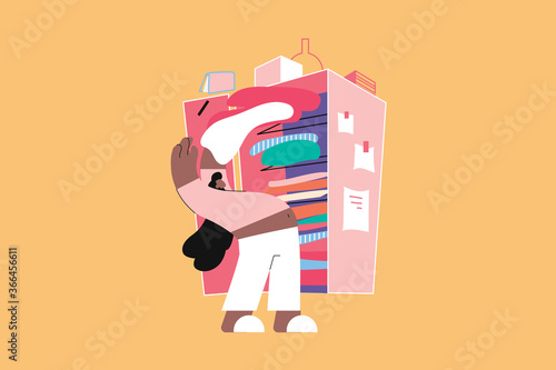 Cleaning, hobby, recreation, work, preparetion concept. Young woman girl teenager throwing clothes dresses thirts out of closet at home preparing for date. Domestic chores or cleanup illustration. photo