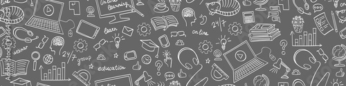 Online education seamless web banner. Distance learning doodles on grey background. Vector illustration.