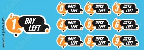 One-ten days left yellow, white and black promotion vector badges on blue background. Countdown left days banner, poster, flyer, sticker set elements. Count time sale, discounts and special offers.