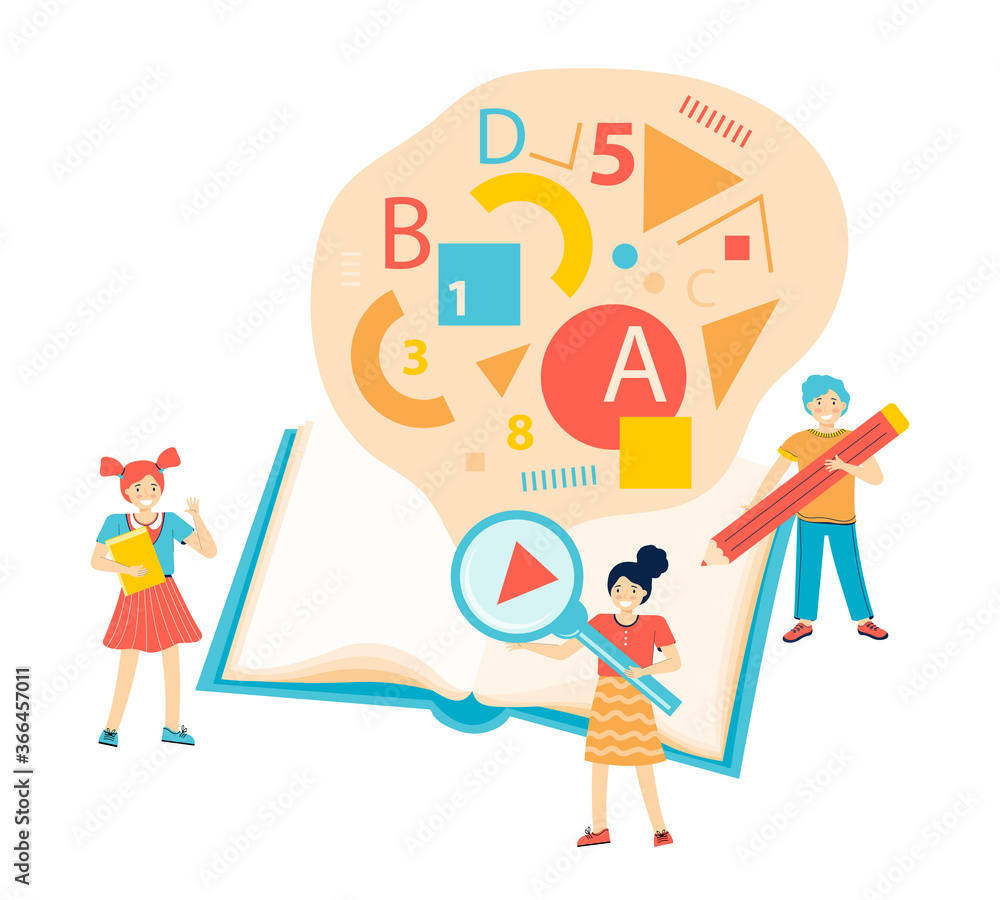 Students learn. Children learn in the classroom at school. Boy and girl read a big book, write with a pencil, get knowledge. Group of tiny figures on the background of a large textbook. Vector flat Students learn. Children learn in the classroom at school. Boy and girl read a big book, write with a pencil, get knowledge. Group of tiny figures on the background of a large textbook. Vector flat