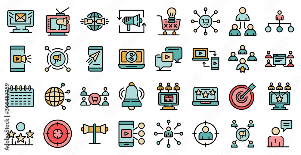 Remarketing icons set. Outline set of remarketing vector icons thin line color flat on white Remarketing icons set. Outline set of remarketing vector icons thin line color flat on white
