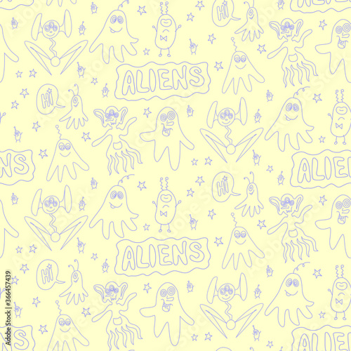Vector color seamless childish pattern with cute outline monsters aliens, space doodles, lettering. Baby background perfect for fabric, wrapping, wallpaper, textile, apparel, cover