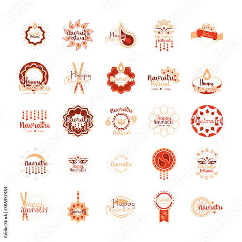 happy navratri indian celebration, goddess durga culture traditonal icons set flat style