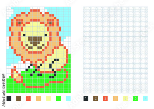 Pixel cartoon lion in the coloring page with numbered squares, vector illustration © green_pear