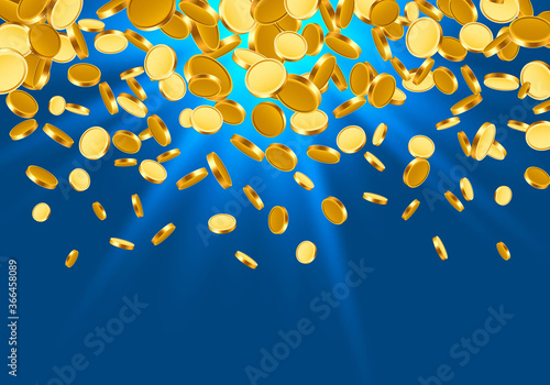 Falling from the top a lot of coins on a Turquoise background.