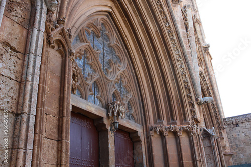 Carved window above the main entrance to the Lala Mustafa Pasha Mosque (former St. Nicholas Cathedral). Famagusta. Cyprus.