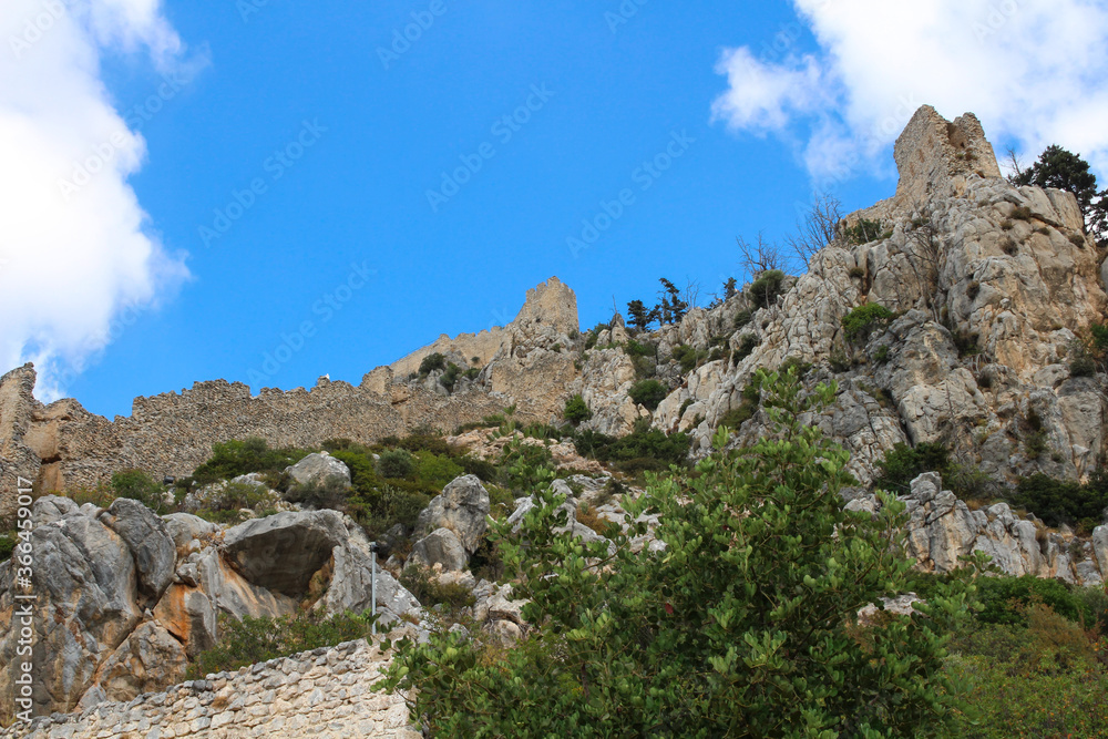 Towers of the castle of Saint Hilarion-the ancient residence of the kings of Cyprus, view from below. Cyprus...