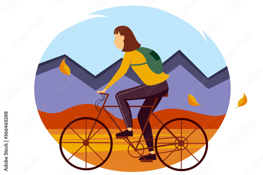 Fototapeta premium Young girl riding bike among the mountains. Illustration of the concept of outdoor activities, travel, Cycling. Autumn illustration in a flat style.