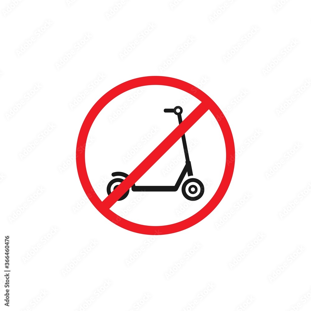 Black kick scooter or balance bike in red crossed circle icon. No push scooter s sign isolated on white. Black kick scooter or balance bike in red crossed circle icon. No push scooter s sign isolated on white.