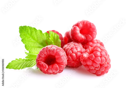 Fresh ripe raspberries isolated on white background. Top view.