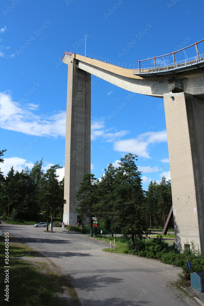 Bottom view of the highest point of the ski jump in the city of Lahti. Finland.
