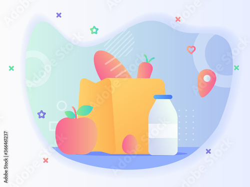 Grocery daily needs concept bread carrot in paper bag nearby apple fruit egg bottle milk with flat style.