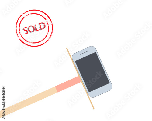 Sold. Illustration of a sold smartphone. Transfer of goods with a stick like in a casino.